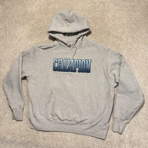 Champion Reverse Weave Size XL Hoodie Chenille Spell Out Pullover Gray Heavy Y2K